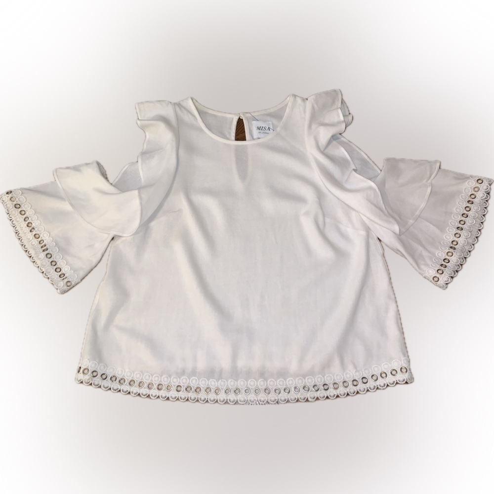MISA Los Angeles Linen Blend Cold Shoulder Metal Rivet Eyelet Ruffle Blouse XS - Picture 4 of 15